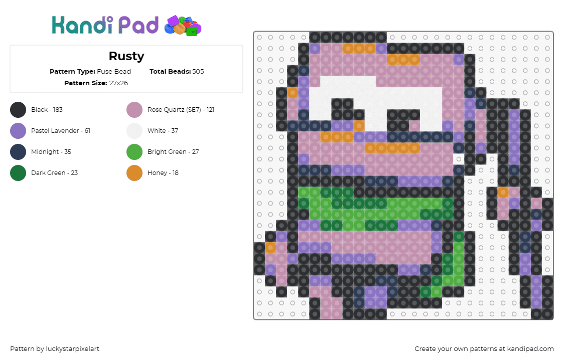 Rusty - Fuse Bead Pattern by luckystarpixelart on Kandi Pad - rusty,character,cute,purple,green