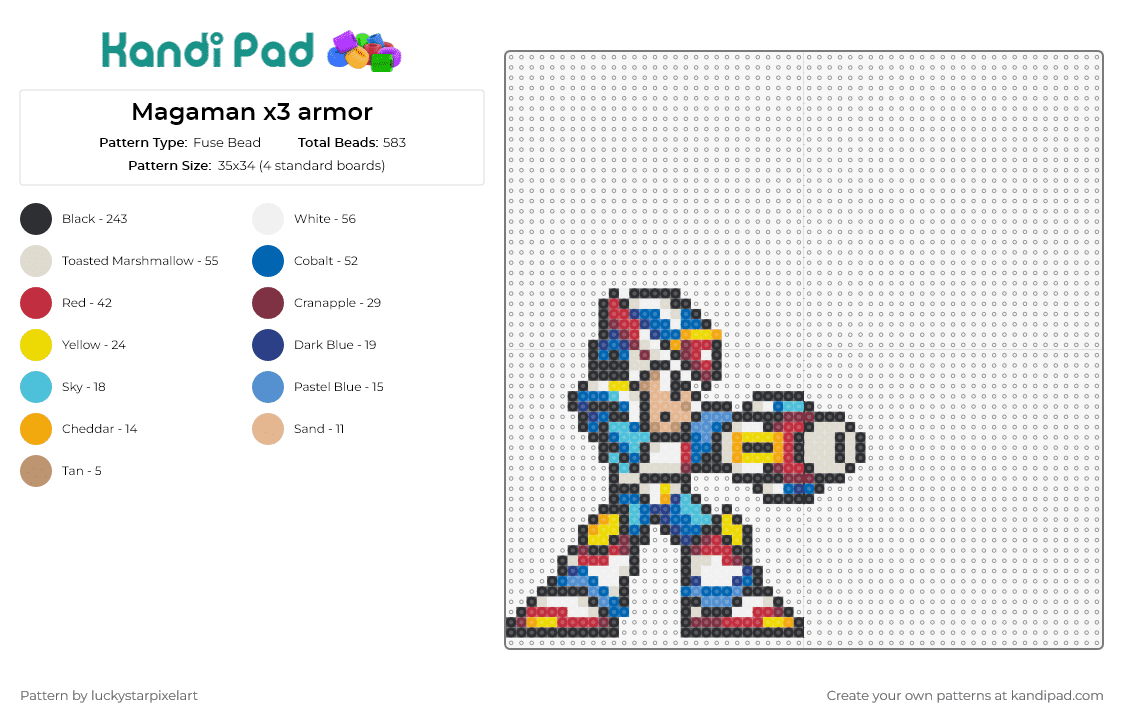 Magaman x3 armor - Fuse Bead Pattern by luckystarpixelart on Kandi Pad - mega man,capcom,nintendo,sega,video game,character,colorful,blue