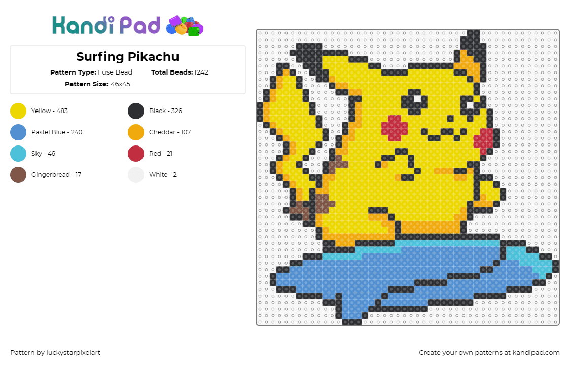 Surfing Pikachu - Fuse Bead Pattern by luckystarpixelart on Kandi Pad - pikachu,pokemon,surf board,character,anime,gaming,yellow,blue