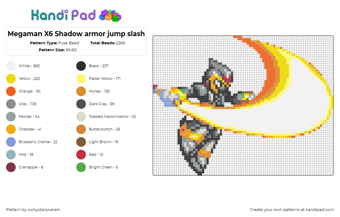 Megaman X6 Shadow armor jump slash - Fuse Bead Pattern by luckystarpixelart on Kandi Pad - mega man,capcom,nintendo,sega,video game,character,orange,gray,white