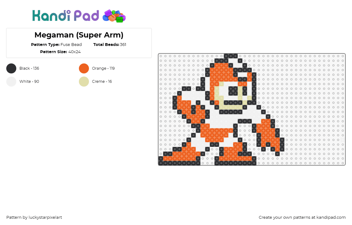 Megaman (Super Arm) - Fuse Bead Pattern by luckystarpixelart on Kandi Pad - mega man,capcom,nintendo,sega,video game,character,orange,white