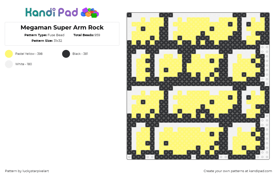 Megaman Super Arm Rock - Fuse Bead Pattern by luckystarpixelart on Kandi Pad - mega man,rock,block,capcom,nintendo,sega,video game,yellow