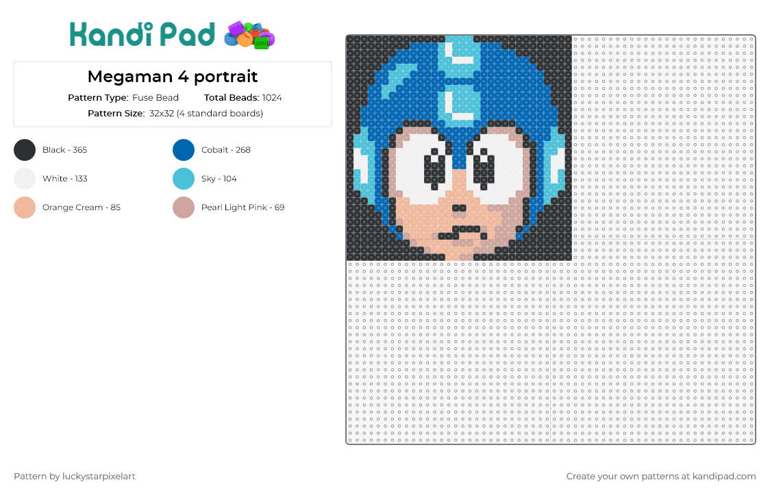 Megaman 4 portrait - Fuse Bead Pattern by luckystarpixelart on Kandi Pad - mega man,portrait,capcom,nintendo,sega,video game,character,blue,tan