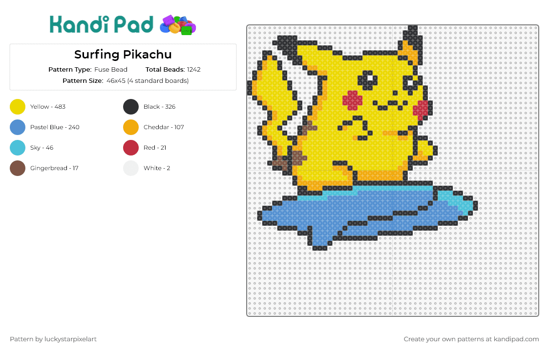 Surfing Pikachu - Fuse Bead Pattern by luckystarpixelart on Kandi Pad - pikachu,pokemon,surf board,character,anime,gaming,yellow,blue