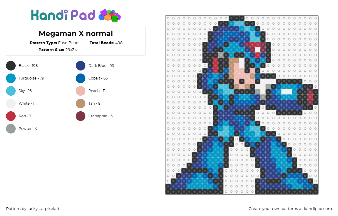 Megaman X normal - Fuse Bead Pattern by luckystarpixelart on Kandi Pad - mega man,capcom,nintendo,sega,video game,character,blue