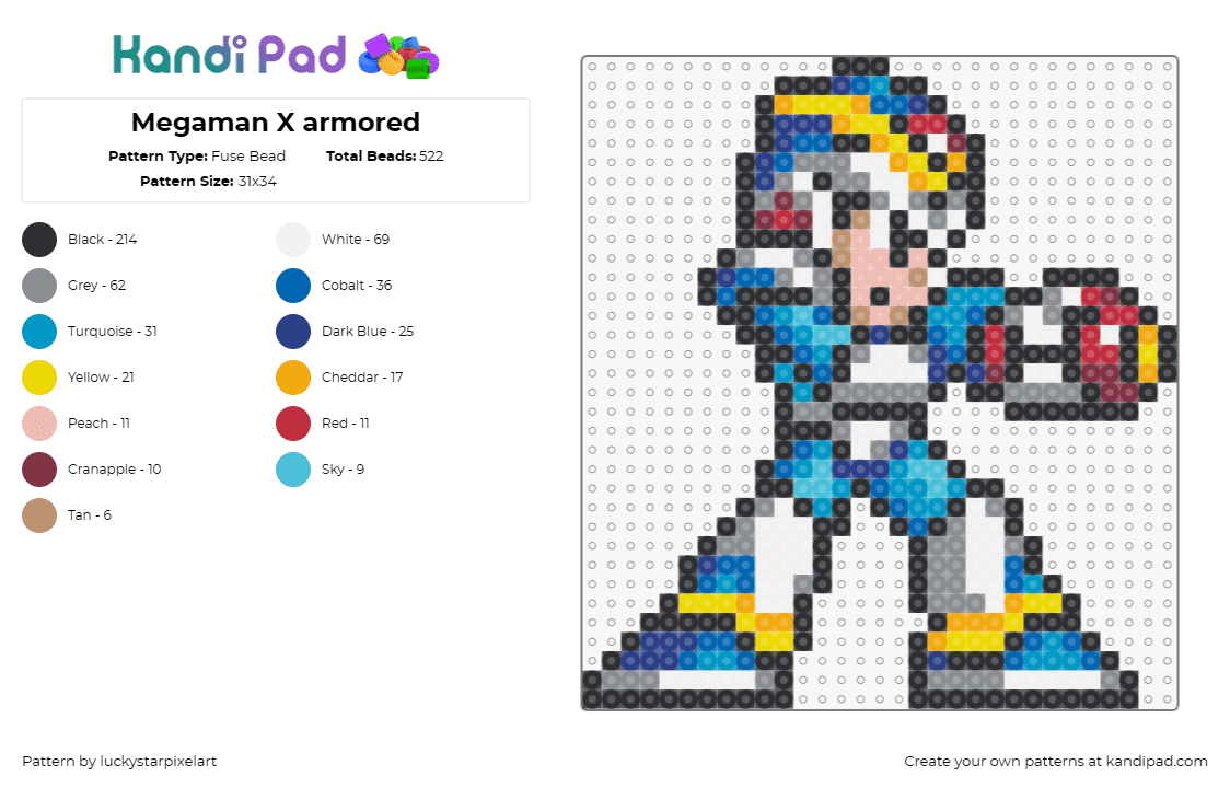 Megaman X armored - Fuse Bead Pattern by luckystarpixelart on Kandi Pad - mega man,capcom,nintendo,sega,video game,character,blue,white