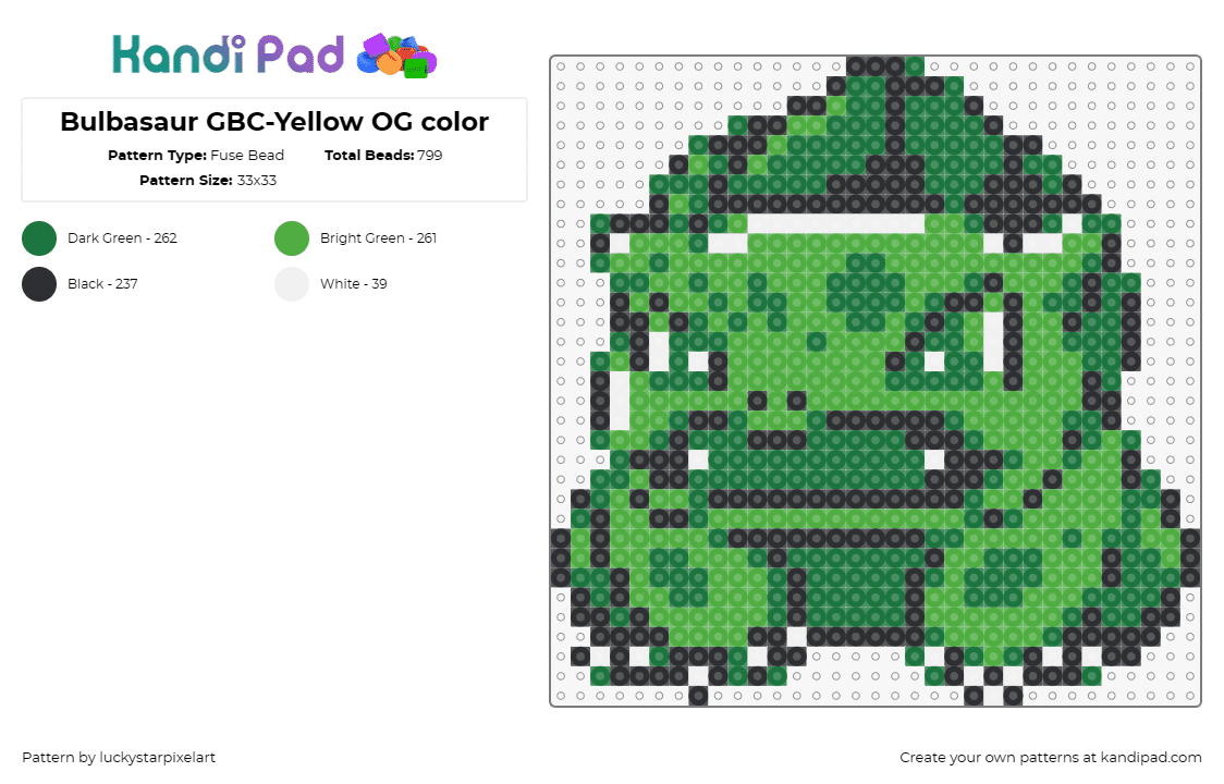 Bulbasaur GBC-Yellow OG color - Fuse Bead Pattern by luckystarpixelart on Kandi Pad - bulbasaur,pokemon,gameboy,nostalgia,character,video game,green