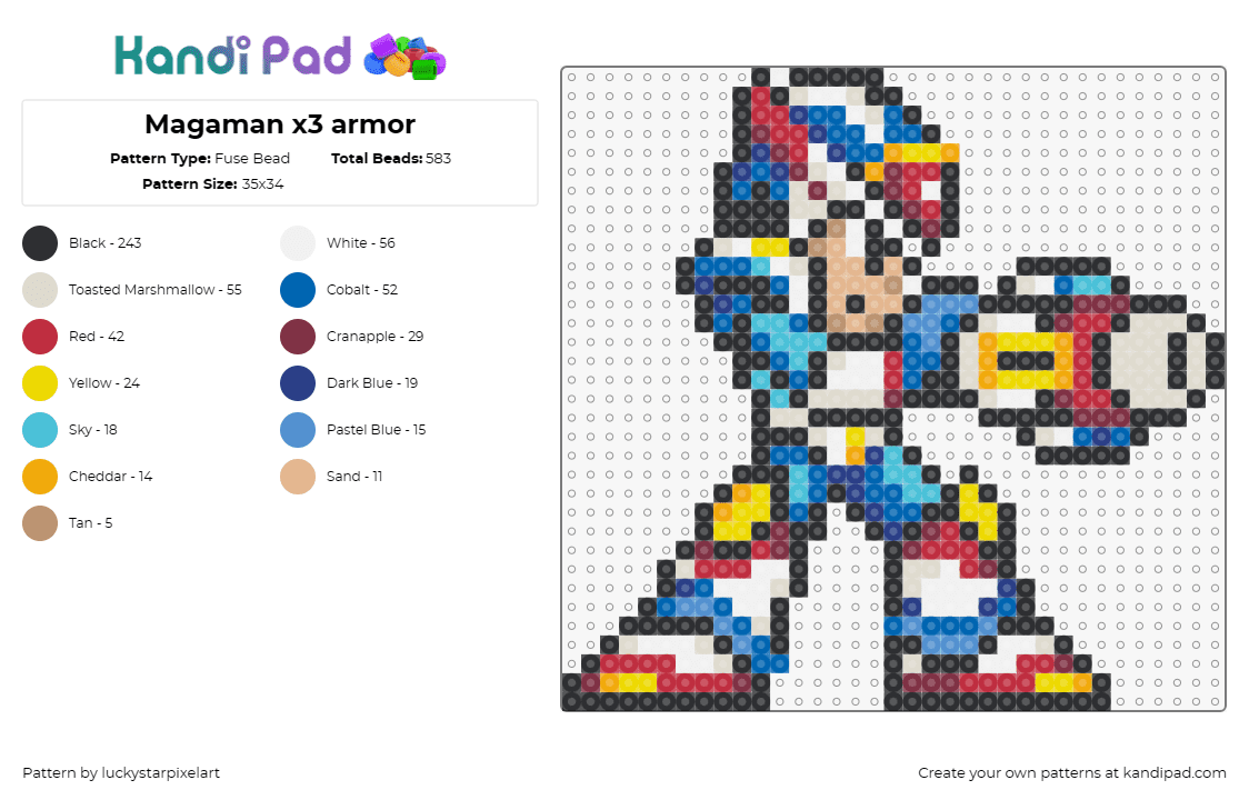 Magaman x3 armor - Fuse Bead Pattern by luckystarpixelart on Kandi Pad - mega man,capcom,nintendo,sega,video game,character,colorful,blue