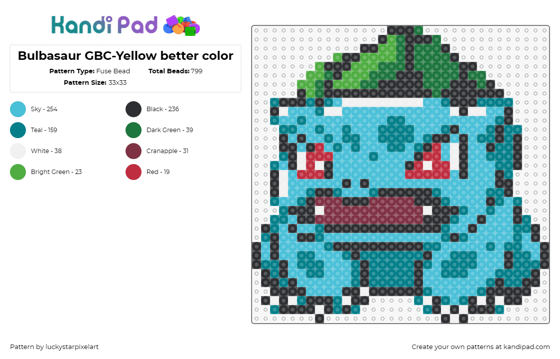 Bulbasaur GBC-Yellow better color - Fuse Bead Pattern by luckystarpixelart on Kandi Pad - bulbasaur,pokemon,gameboy,character,video game,green,blue,teal