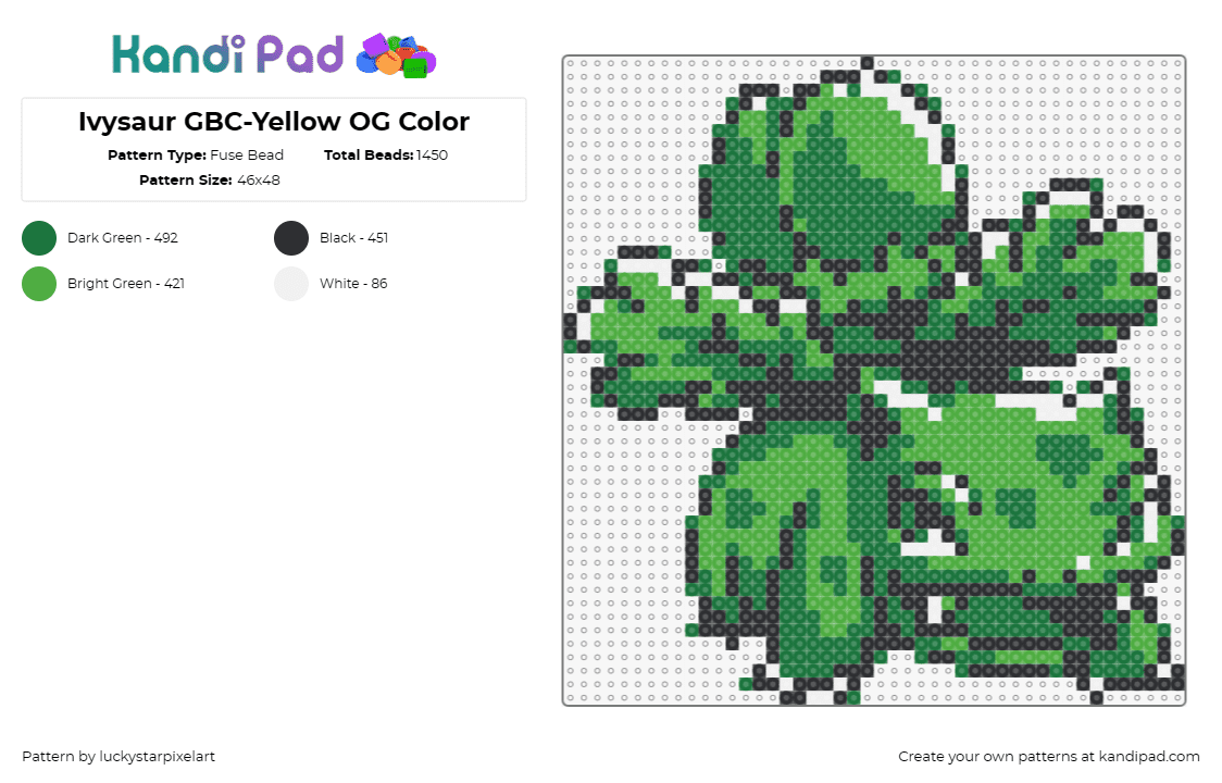 Ivysaur GBC-Yellow OG Color - Fuse Bead Pattern by luckystarpixelart on Kandi Pad - ivysaur,bulbasaur,pokemon,nostalgia,gameboy,character,video game,green