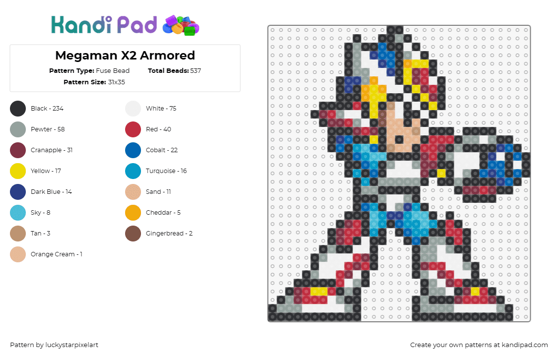 Megaman X2 Armored - Fuse Bead Pattern by luckystarpixelart on Kandi Pad - mega man,capcom,nintendo,sega,video game,character,blue,red