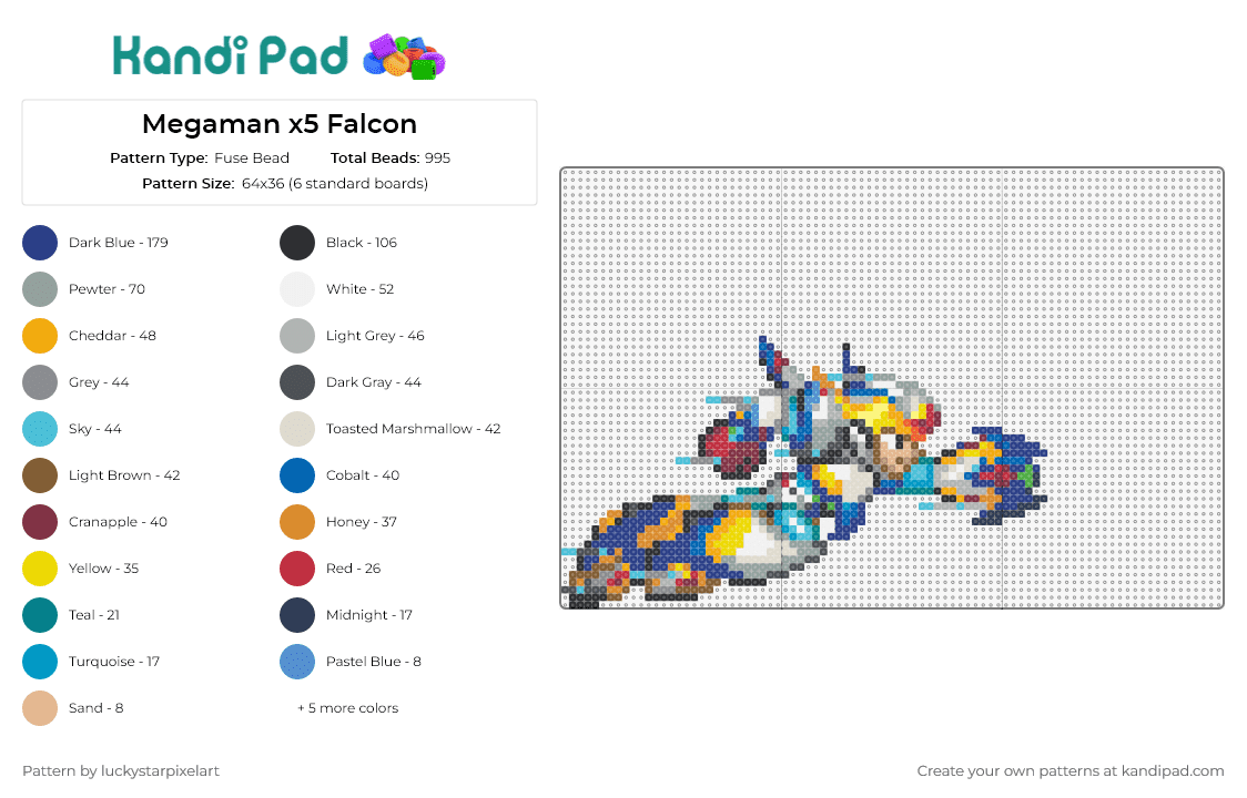 Megaman x5 Falcon - Fuse Bead Pattern by luckystarpixelart on Kandi Pad - mega man,capcom,nintendo,sega,video game,character,blue,white