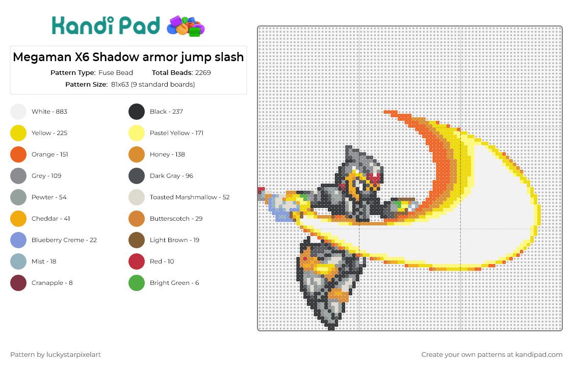 Megaman X6 Shadow armor jump slash - Fuse Bead Pattern by luckystarpixelart on Kandi Pad - mega man,capcom,nintendo,sega,video game,character,orange,gray,white