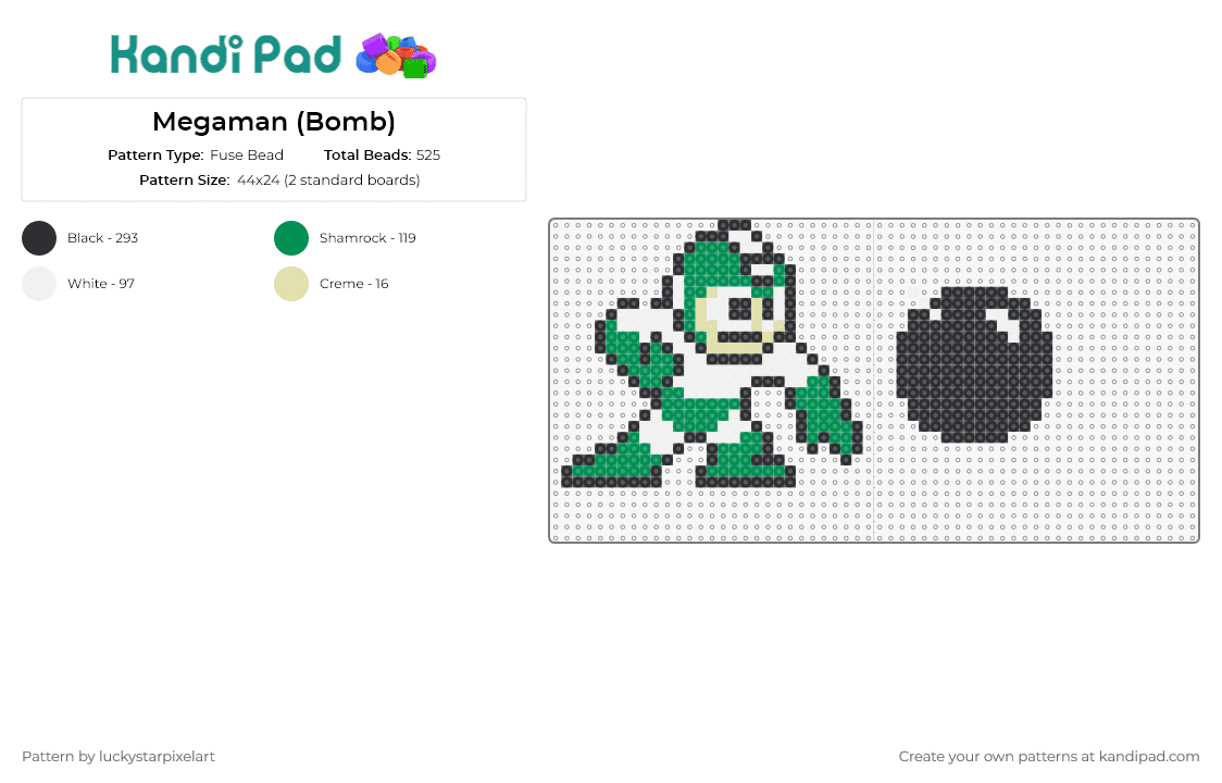 Megaman (Bomb) - Fuse Bead Pattern by luckystarpixelart on Kandi Pad - mega man,capcom,nintendo,sega,video game,character,bomb,green,white,black