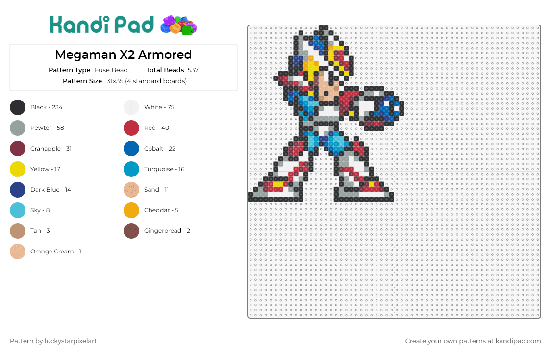 Megaman X2 Armored - Fuse Bead Pattern by luckystarpixelart on Kandi Pad - mega man,capcom,nintendo,sega,video game,character,blue,red