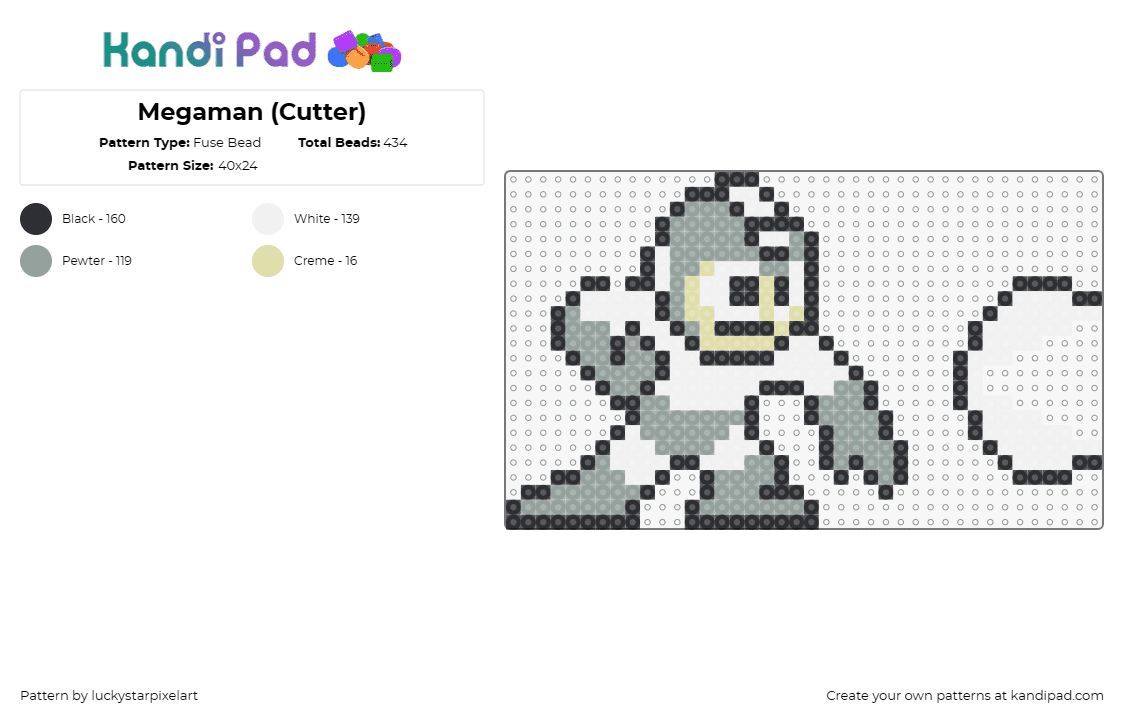 Megaman (Cutter) - Fuse Bead Pattern by luckystarpixelart on Kandi Pad - mega man,capcom,nintendo,sega,video game,character,white,gray
