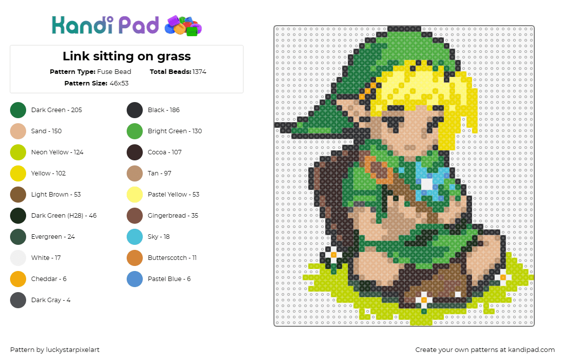 Link sitting on grass - Fuse Bead Pattern by luckystarpixelart on Kandi Pad - link,legend of zelda,video game,character,adventure,green,blonde,yellow