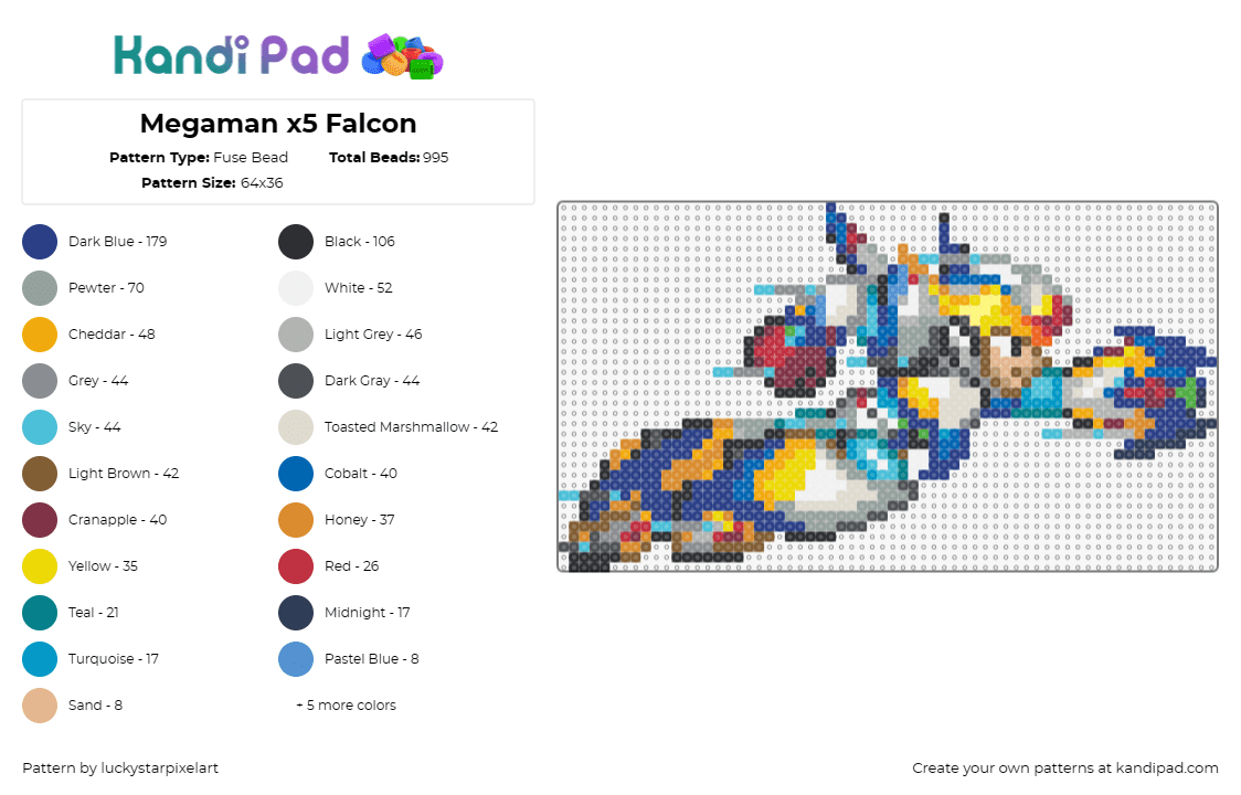 Megaman x5 Falcon - Fuse Bead Pattern by luckystarpixelart on Kandi Pad - mega man,capcom,nintendo,sega,video game,character,blue,white