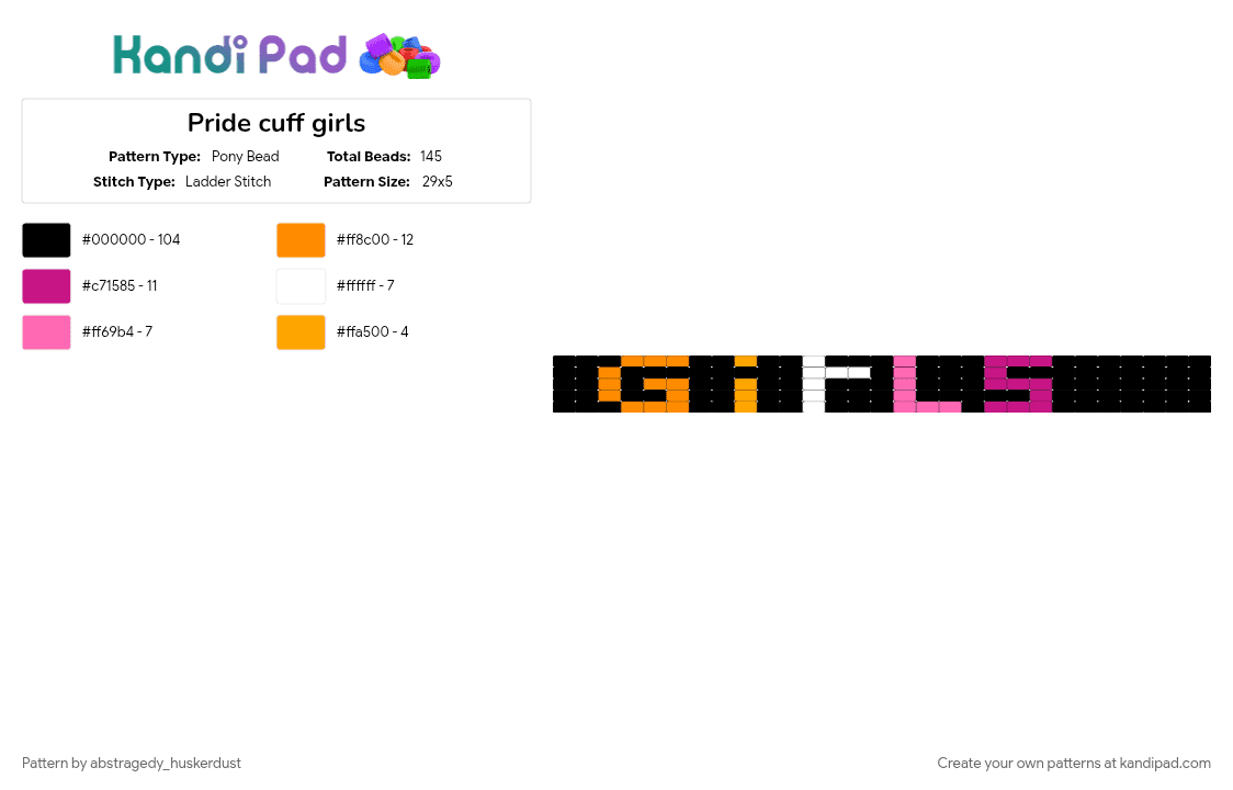 Pride cuff girls - Pony Bead Pattern by abstragedy_huskerdust on Kandi Pad - black, lesbian, lesbian flag, lesbian pride, orange, pink, pride, pride cuff, pride flag