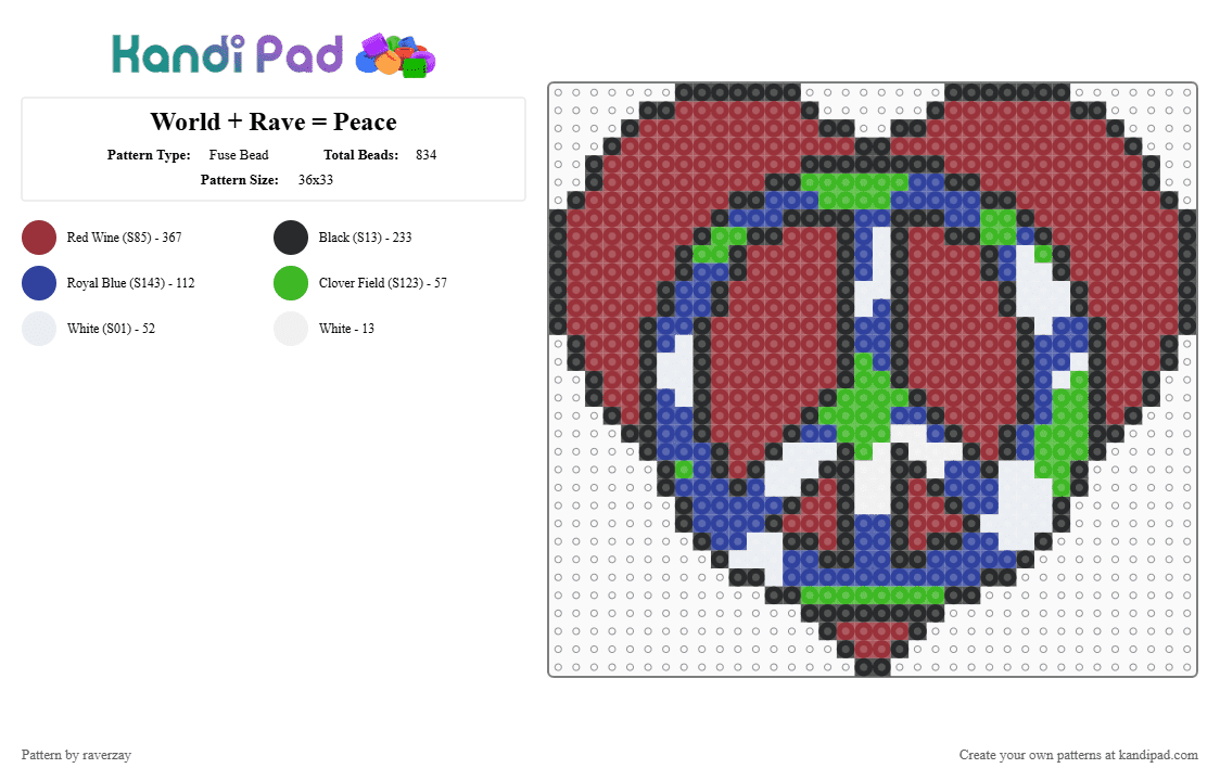World + Rave = Peace - Fuse Bead Pattern by raverzay on Kandi Pad - red