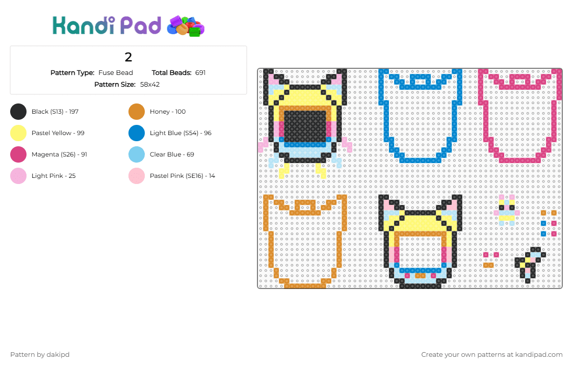 YATTA - GOTCHI - Fuse Bead Pattern by dakipd on Kandi Pad - pink,yellow,blue,orange