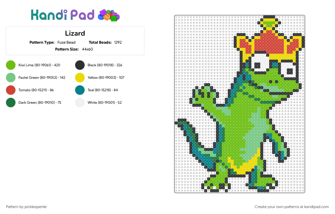 Lizard - Fuse Bead Pattern by picklesperler on Kandi Pad - green, teal