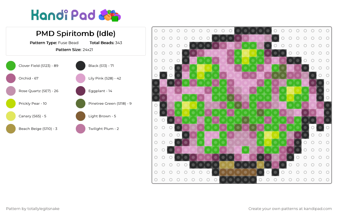 PMD Spiritomb (Idle) - Fuse Bead Pattern by totallylegitsnake on Kandi Pad - pink,green,pokemon,spiritomb,pokemon mystery dungeon