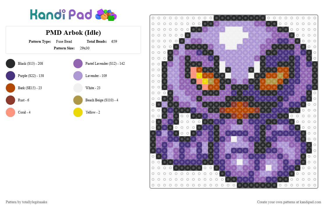 PMD Arbok (Idle) - Fuse Bead Pattern by totallylegitsnake on Kandi Pad - arbok, pink, pokemon, pokemon mystery dungeon, purple