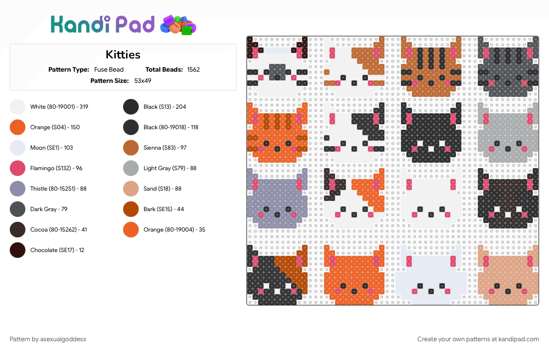 Kitties - Fuse Bead Pattern by artemismoongoddess on Kandi Pad - animal, breeds, catperson, cats, cotdcats, cute, favanimal, gray, kitties, orange, red