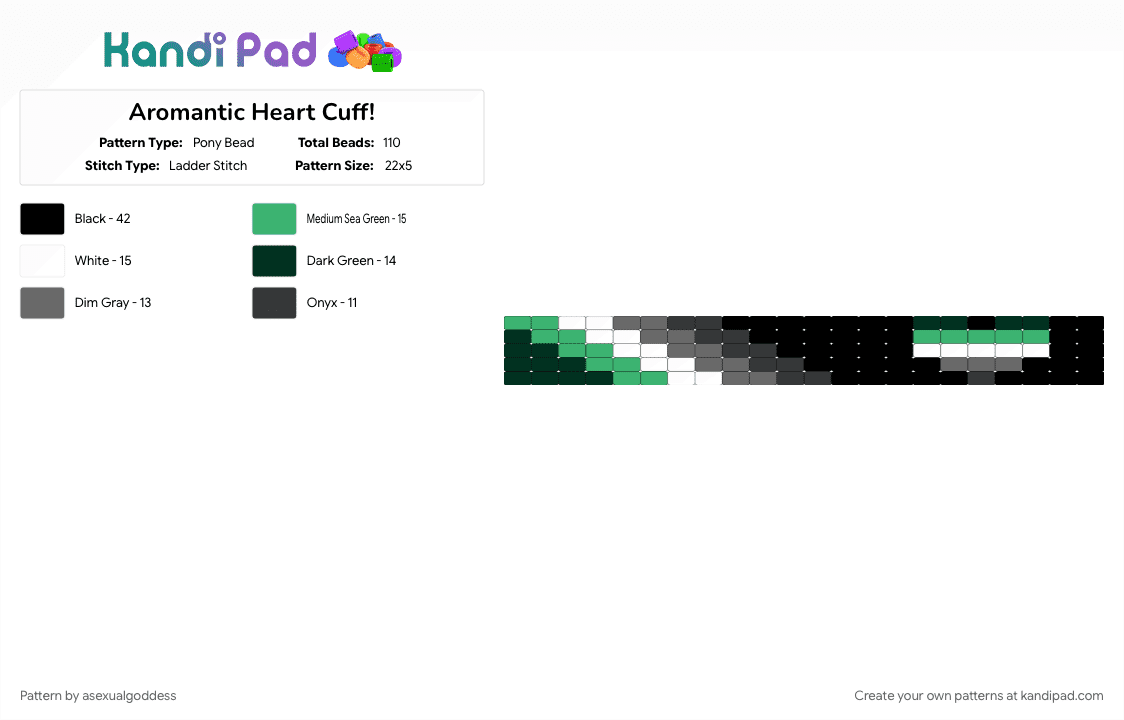 Aromantic Heart Cuff! - Pony Bead Pattern by asexualgoddess on Kandi Pad - apride, aromantic, black, gray, green, heart, june, love, mecore, pride, youcore