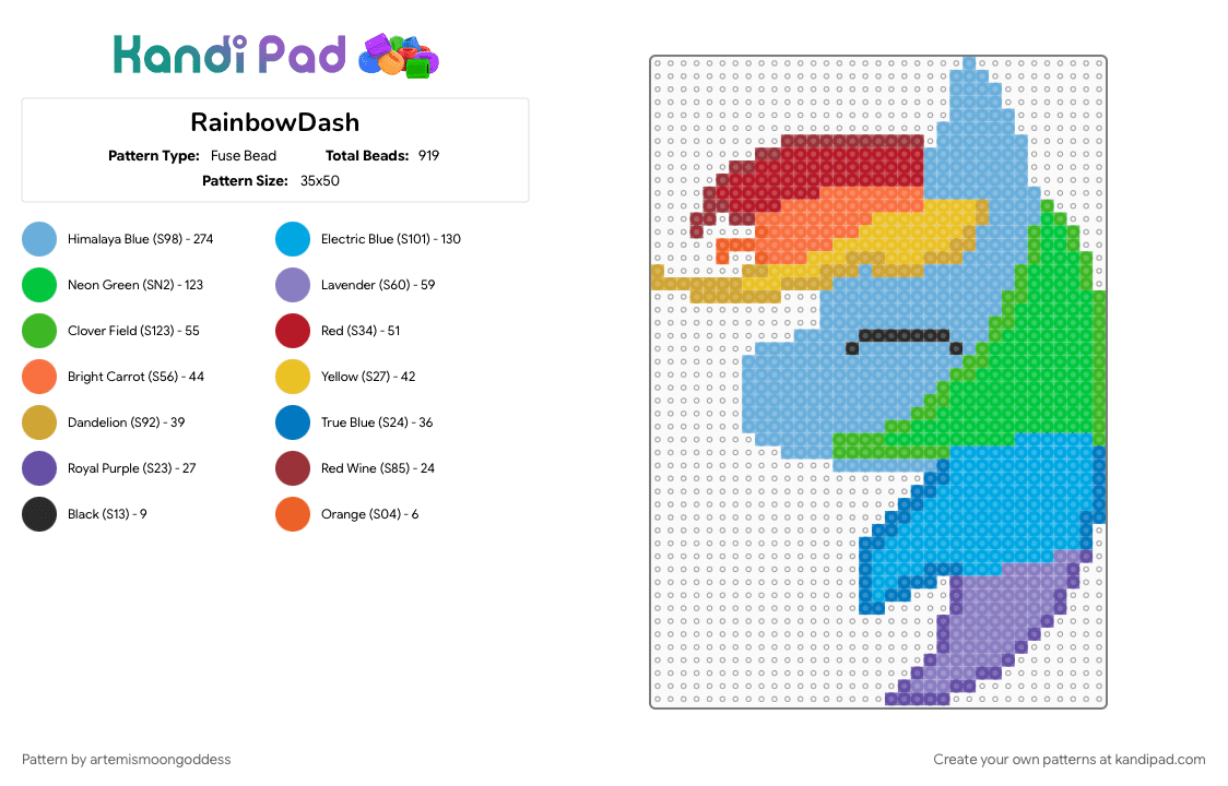 RainbowDash - Fuse Bead Pattern by the_prettiest_princess on Kandi Pad - green, light blue