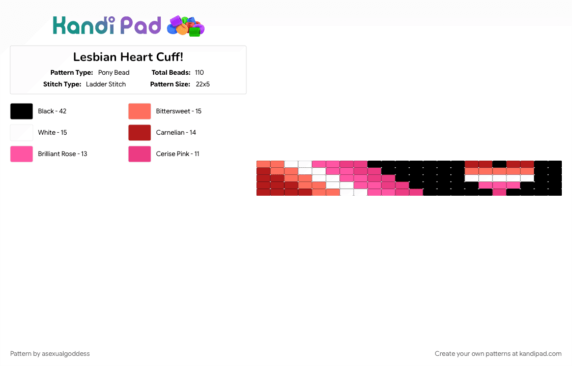 Lesbian Heart Cuff! - Pony Bead Pattern by asexualgoddess on Kandi Pad - heart, june, lesbian, love, mecore, pink, pride, red, women, youcore