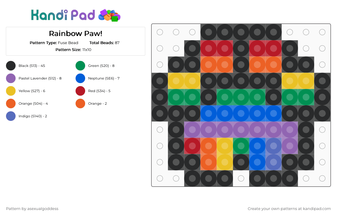 Rainbow Paw! - Fuse Bead Pattern by asexualgoddess on Kandi Pad - black, blue, ffoxxotherpaw, green, paw, pink, rainbow, request