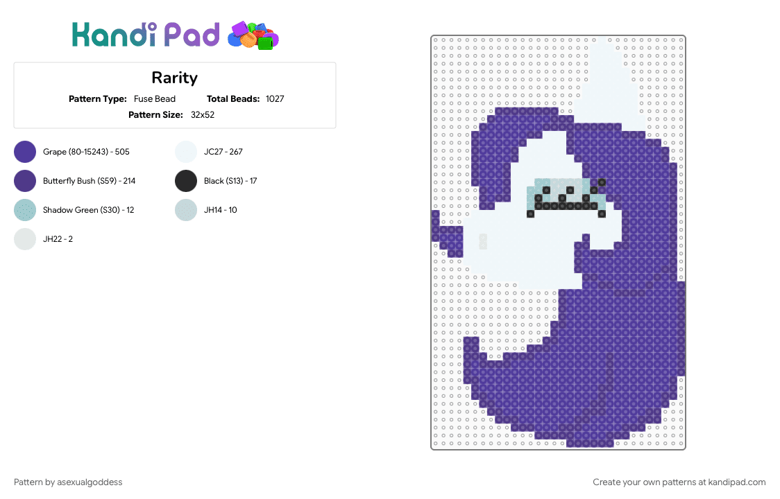Rarity - Fuse Bead Pattern by asexualgoddess on Kandi Pad - beauty, cotdboutiques, fabulous, love, mlp, purple, rarity
