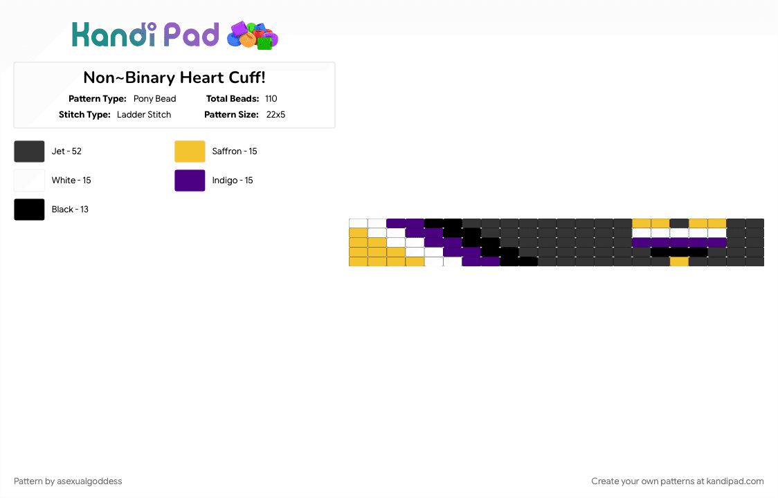 Non~Binary Heart Cuff! - Pony Bead Pattern by asexualgoddess on Kandi Pad - black, heart, june, love, neither, nonbi, nonbinary, pride, purple, yellow, youcore
