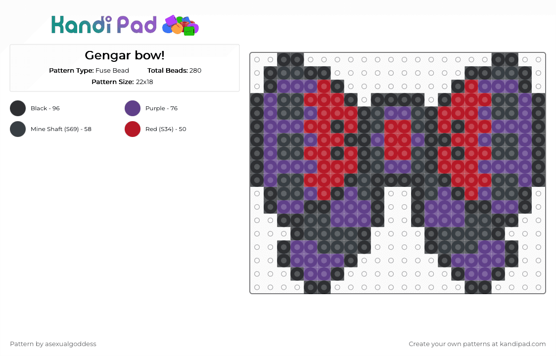 Gengar bow! - Fuse Bead Pattern by asexualgoddess on Kandi Pad - bow, cute, gaming, gas, gengar, pokemon, purple, red, scary