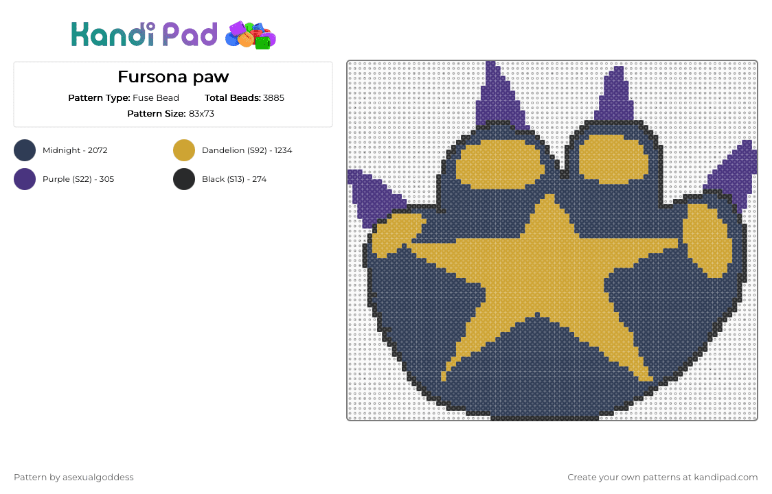Fursona paw - Fuse Bead Pattern by asexualgoddess on Kandi Pad - purple,orange,ali3nskulls,fursona,request