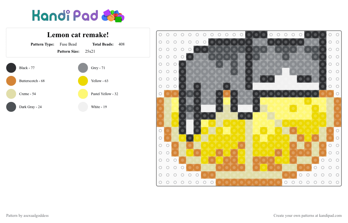 Lemon cat remake! - Fuse Bead Pattern by asexualgoddess on Kandi Pad - cat, cute, eepy, lemon, remake, yellow