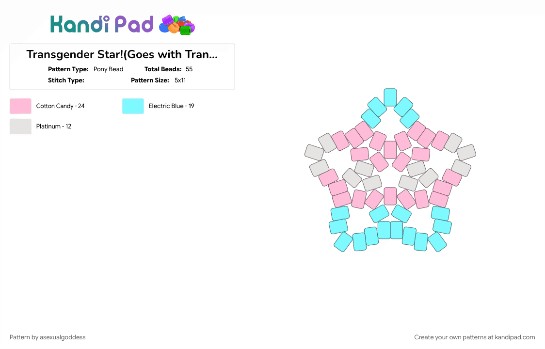 Transgender Star!(Goes with Transgender cuff!) - Pony Bead Pattern by asexualgoddess on Kandi Pad - bothgender, june, late, light blue, love, pink, pride, trans, transgender, youcore