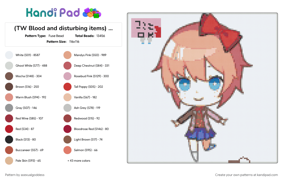 (TW Blood and disturbing items) Sayori - Fuse Bead Pattern by artemismoongoddess on Kandi Pad - just, monika