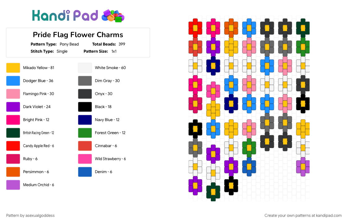 Pride Flag Flower Charms - Pony Bead Pattern by asexualgoddess on Kandi Pad - charms, colorful, flowers, june, late, love, mecore, pink, pride, purple, yellow, youcore