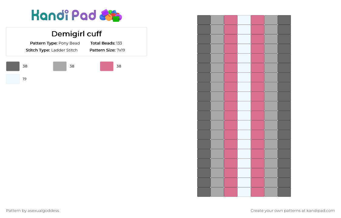 Demigirl Cuff - Pony Bead Pattern by asexualgoddess on Kandi Pad - gray,beige,pink,demi,youcore,pride