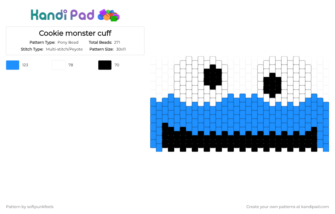 Cookie monster cuff - Pony Bead Pattern by softpunkfeels on Kandi Pad - light blue,white