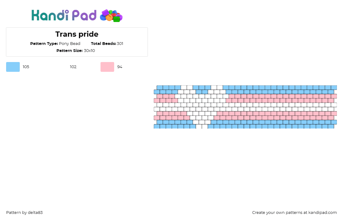 Trans pride - Pony Bead Pattern by delta83 on Kandi Pad - trans,pride,heart,cuff,community,light blue,pink,white