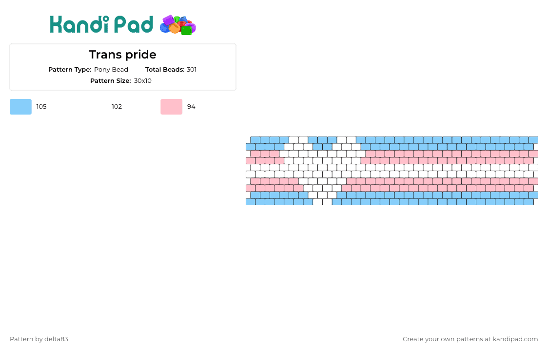Trans pride - Pony Bead Pattern by delta83 on Kandi Pad - trans,pride,heart,cuff,community,light blue,pink,white