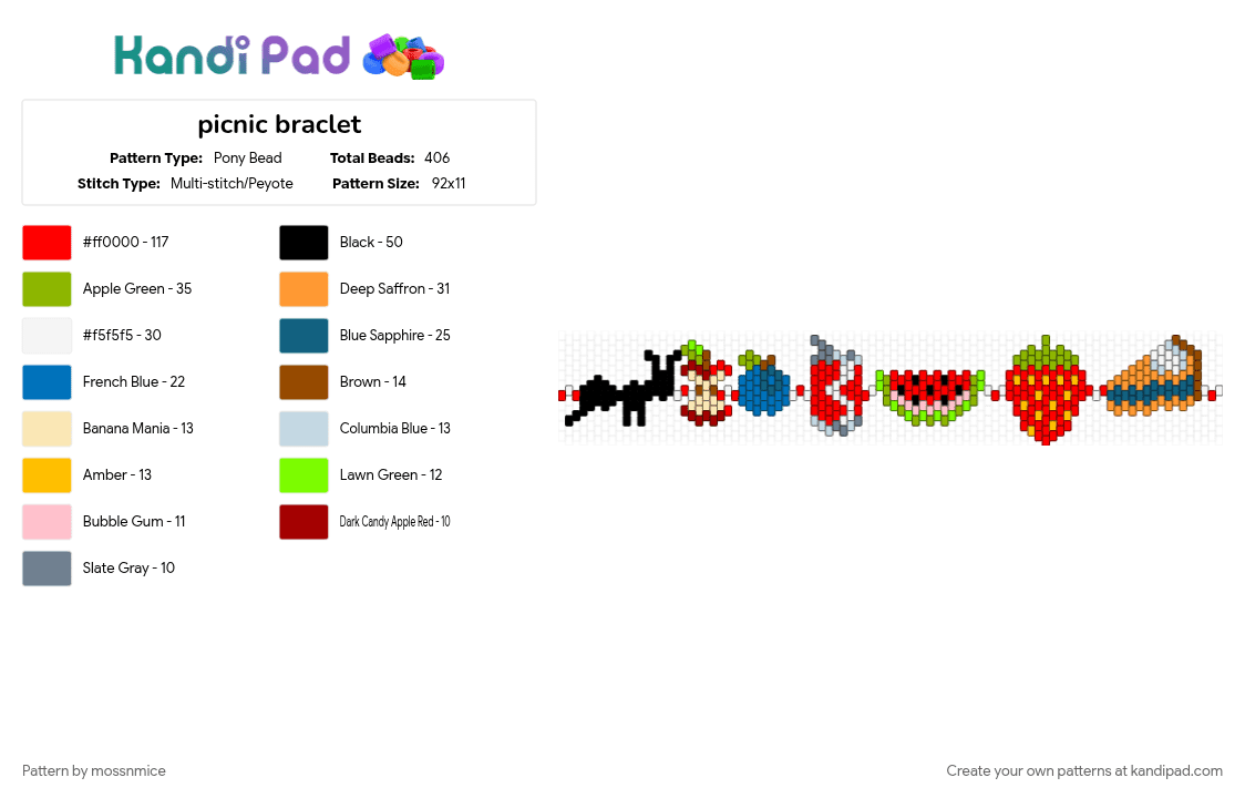 picnic braclet - Pony Bead Pattern by mossnmice on Kandi Pad - blue, green, red