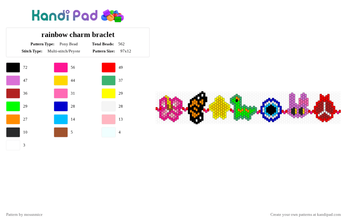 rainbow charm braclet - Pony Bead Pattern by mossnmice on Kandi Pad - green, pink, red, yellow