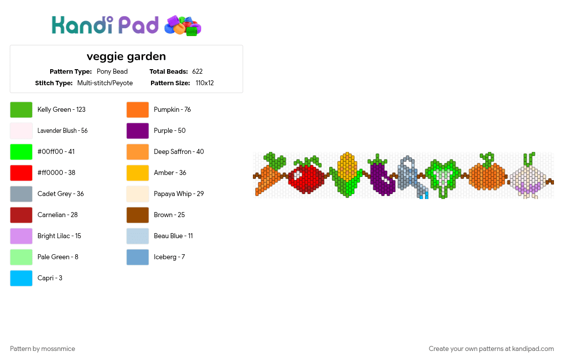 veggie garden - Pony Bead Pattern by mossnmice on Kandi Pad - green, orange, pink, red