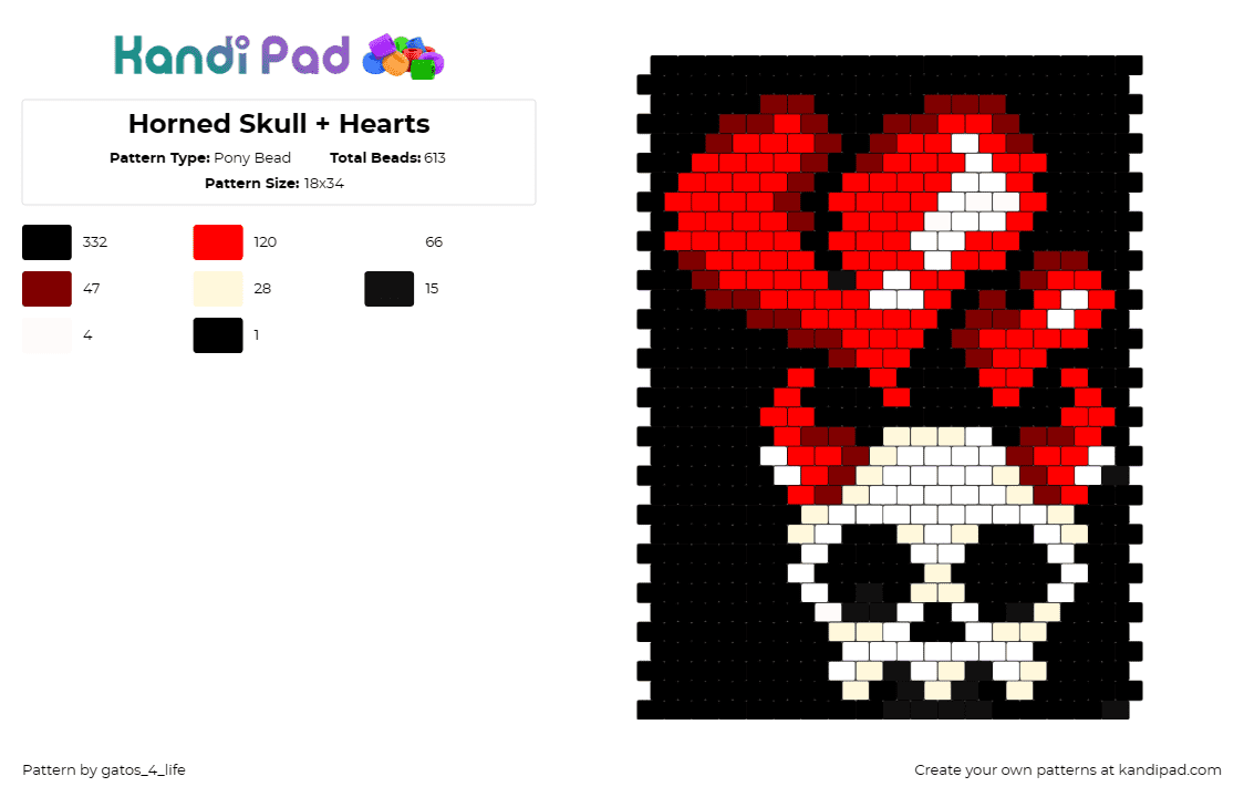 Horned Skull + Hearts - Pony Bead Pattern by gatos_4_life on Kandi Pad - skull,hearts,horns,panel,spooky,love,halloween,dark,black,white,red