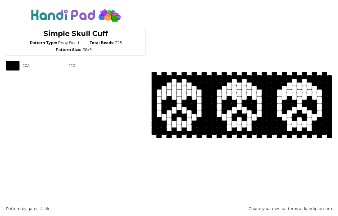 Simple Skull Cuff - Pony Bead Pattern by gatos_4_life on Kandi Pad - skulls,skeleton,spooky,halloween,cuff,death,black,white